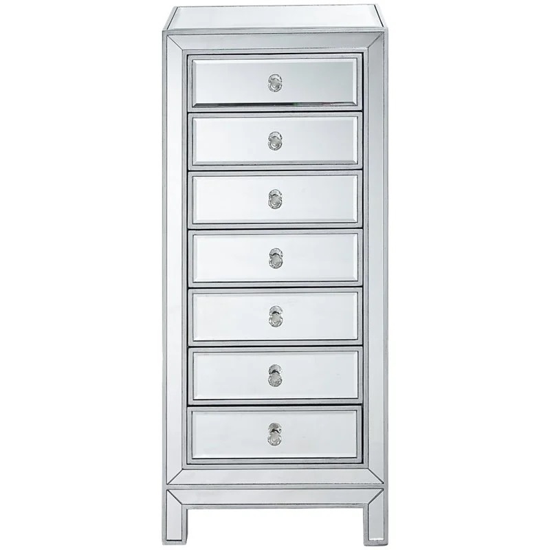 Pemberly Row Modern 7-Drawer Petite Mirrored Glass Lingerie Chest in Silver