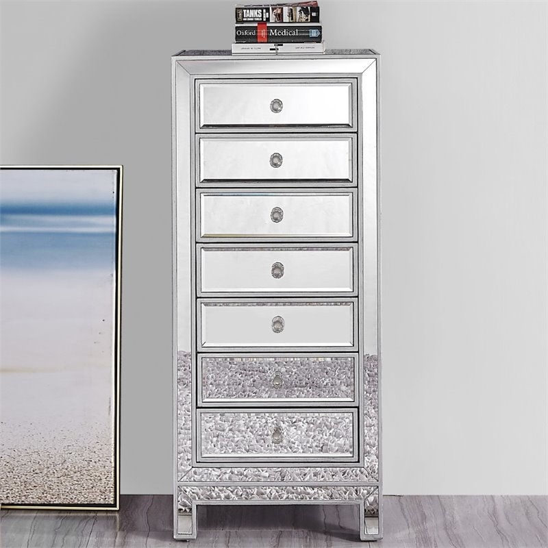 Pemberly Row Modern 7-Drawer Petite Mirrored Glass Lingerie Chest in Silver