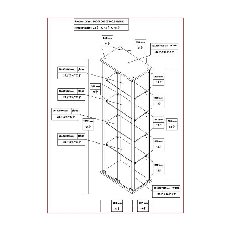 Pemberly Row Traditional 5 Shelf Glass Curio Cabinet in Black