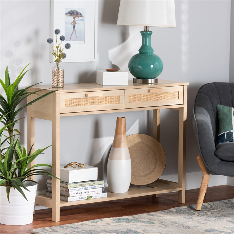Pemberley Row Wood Light Brown Console Table Rectangular Natural Rattan Accents 39.4