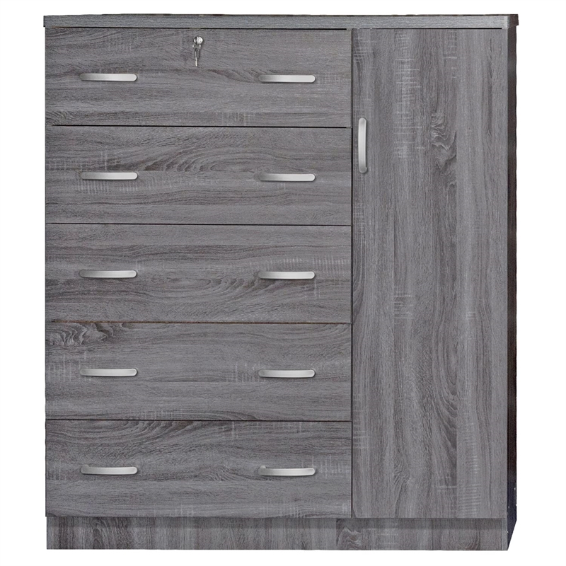 Pemberly Row 5 Drawer Wooden Tall Chest Wardrobe in Gray Finish