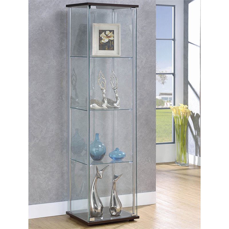 Pemberly Row Contemporary 4 Shelf Glass Curio Cabinet in Cappuccino