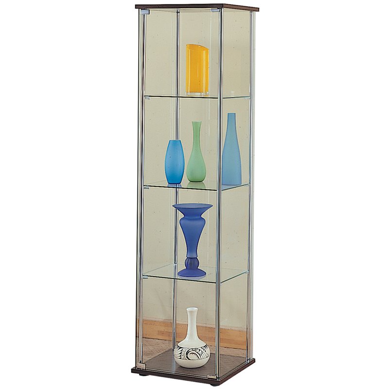 Pemberly Row Contemporary 4 Shelf Glass Curio Cabinet in Cappuccino