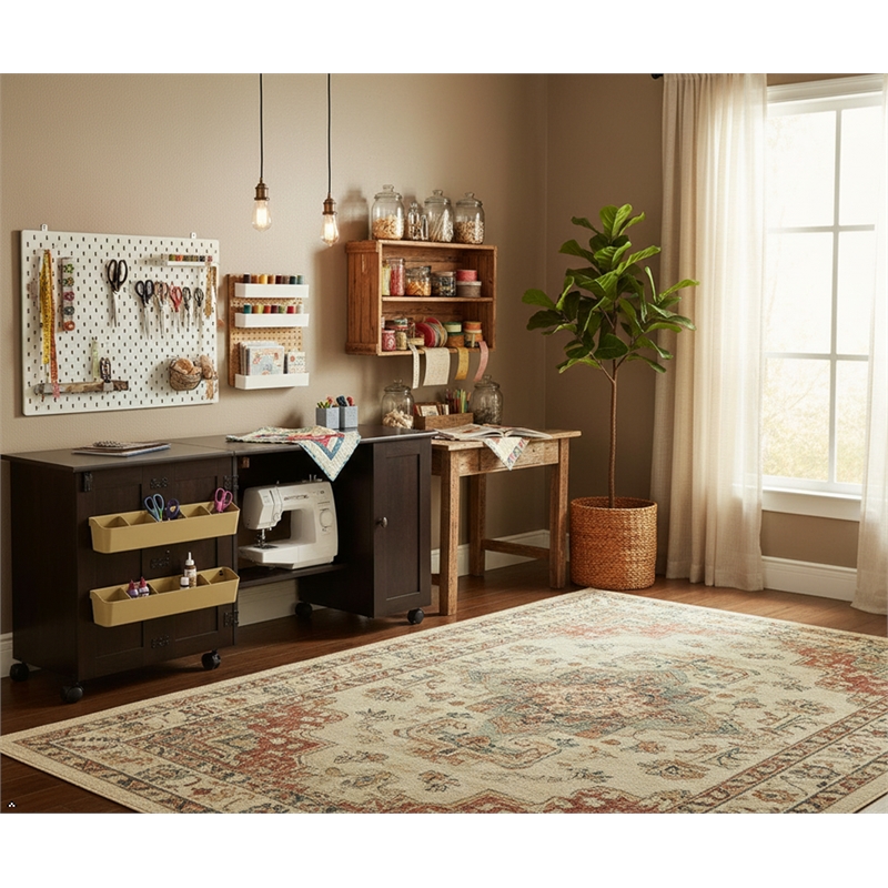 Pemberly Row Engineered Wood Craft and Mobile Sewing Cart in Cinnamon Cherry