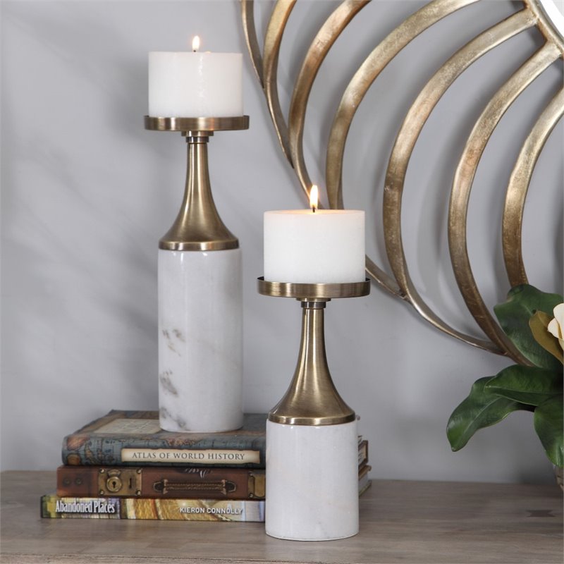 Pemberly Row Metal Marble Candleholder in Antique Brass (Set of 2)