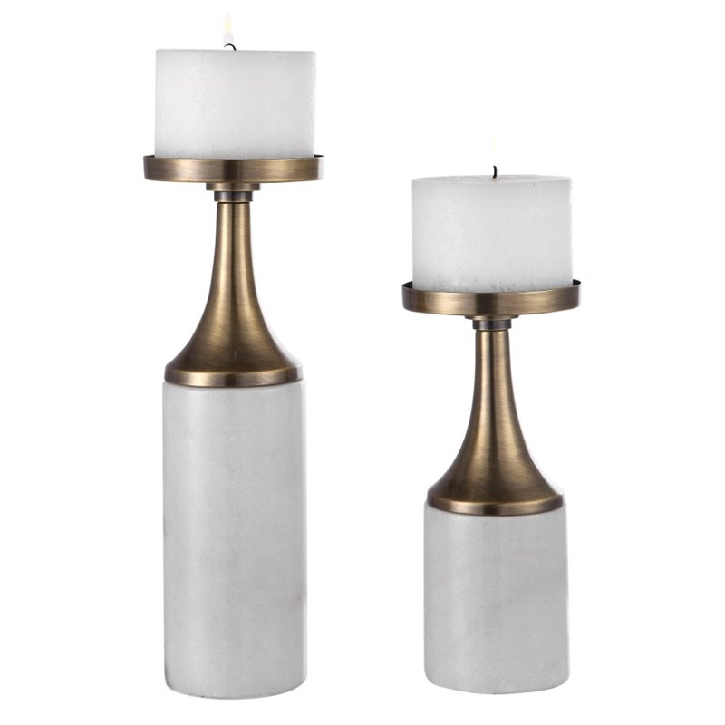 Pemberly Row Metal Marble Candleholder in Antique Brass (Set of 2)
