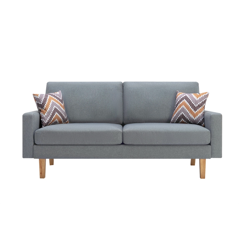 Pemberly Row Gray Linen Fabric Sofa with Square Arms and 2 Throw Pillows