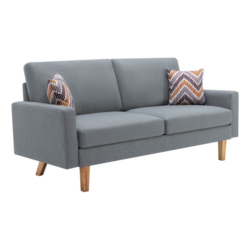 Pemberly Row Gray Linen Fabric Sofa with Square Arms and 2 Throw Pillows