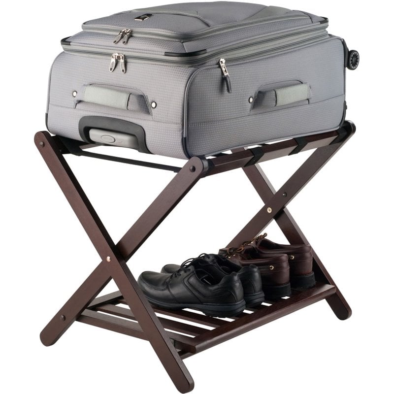 Pemberly Row Transitional Solid Wood Luggage Rack with Shelf in Cappuccino