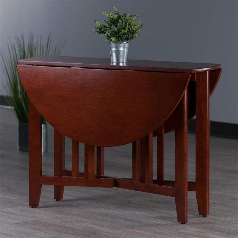 Pemberly Row Round Double Drop Leaf Solid Wood Dining Table in Antique Walnut
