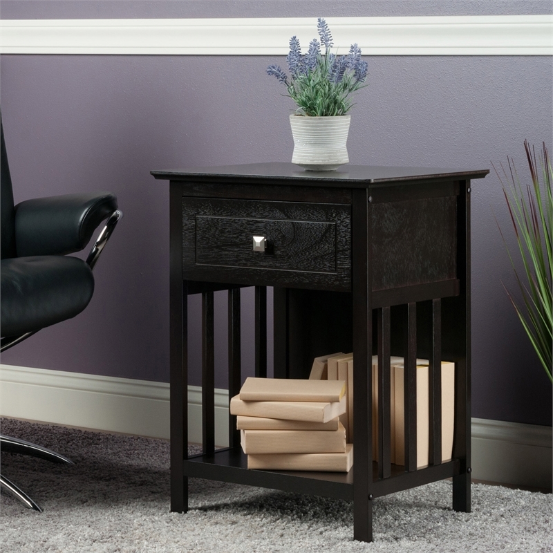 Pemberly Row 1-Drawer Transitional Solid Wood Storage End Table in Coffee