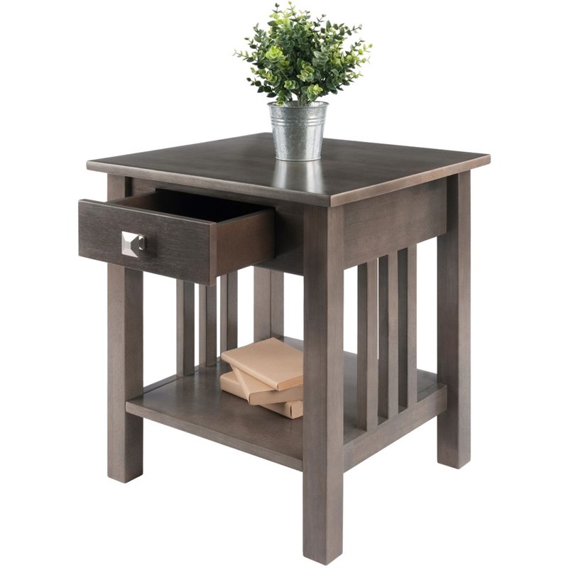 Pemberley Row Solid Wood Oyster Gray End Table Rectangular Drawer and Shelf 22.05