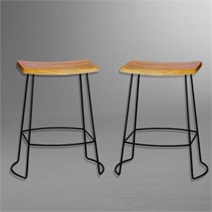 Pemberly Row Solid Wood Light Brown 24&quot Saddle Seat Counter Stool (Set of 2)