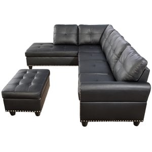 Pemberly Row Faux Leather Sectional Sofa with Ottoman in Black