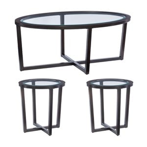 Pemberly Row 3-Piece Wood Coffee & End Table Set with Glass Top in Brown