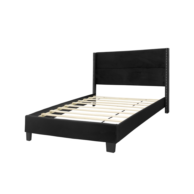 Pemberly Row Velvet Upholstered Twin Platform Panel Bed in Black
