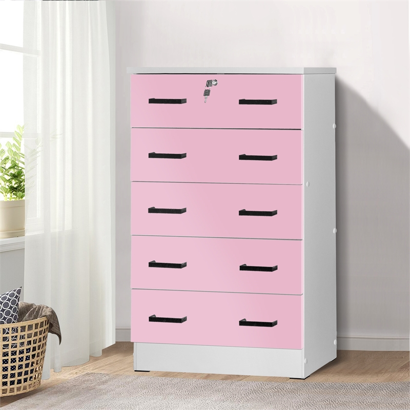 Pemberly Row 5 Drawer Chest Wooden Dresser with Lock in Pink