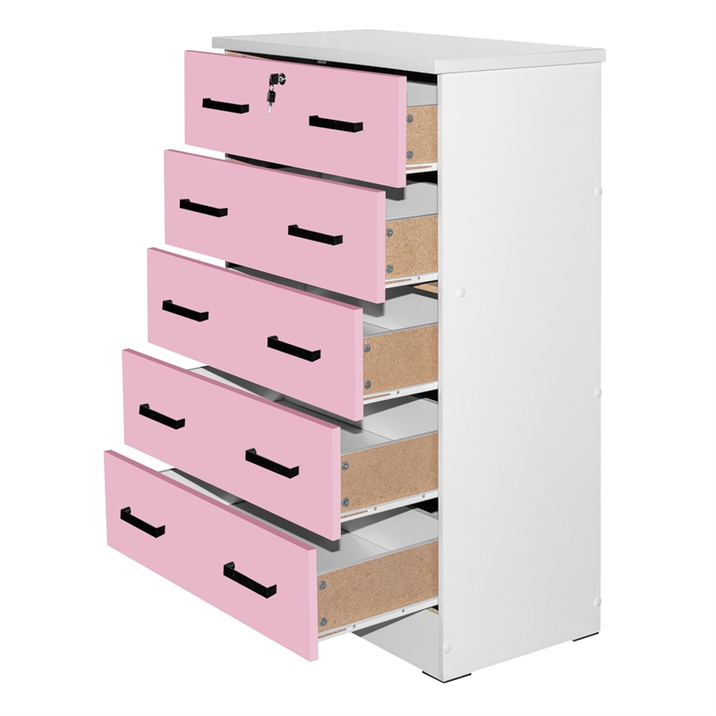 Pemberly Row 5 Drawer Chest Wooden Dresser with Lock in Pink