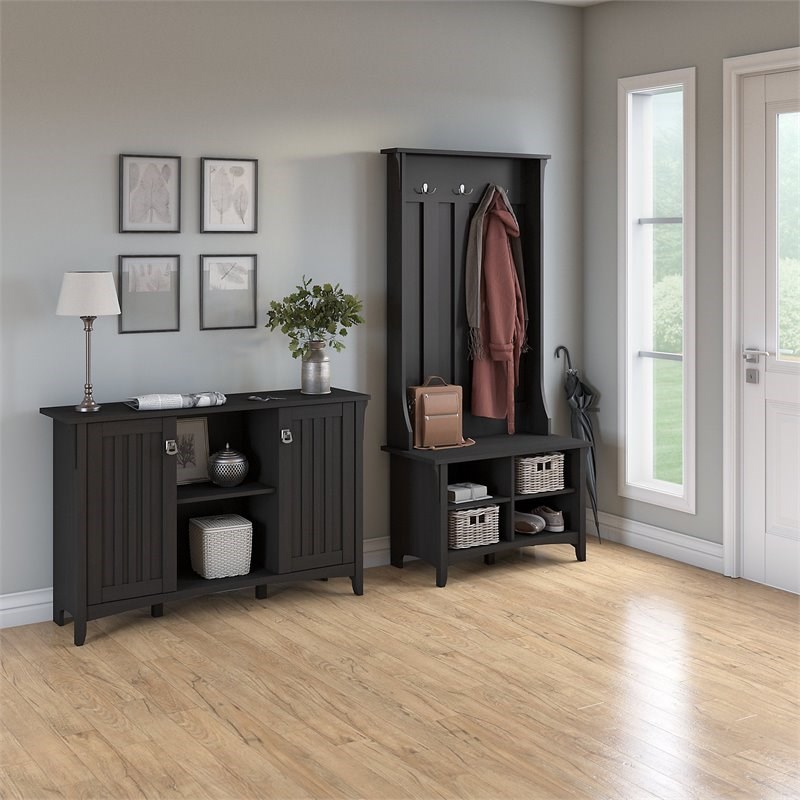 Pemberly Row Furniture Hall Tree with Shoe Bench and Accent Chest in Black