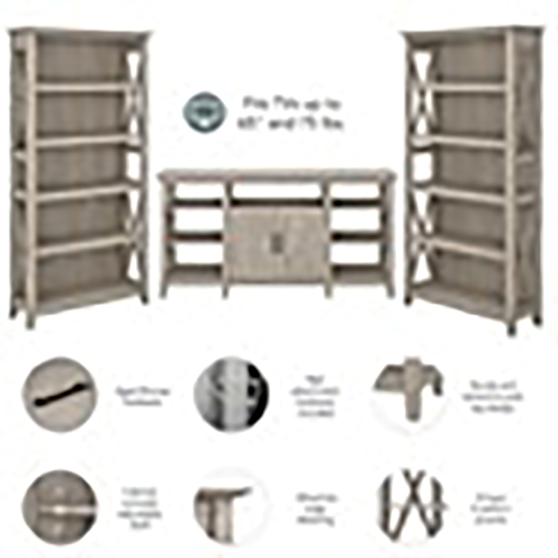 Pemberly Row Transitional Wood Tall TV Stand with 2 Bookcases in Washed Gray