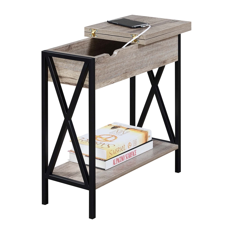 Pemberly Row Modern Electric Charging Flip Top Table in Brown Wood