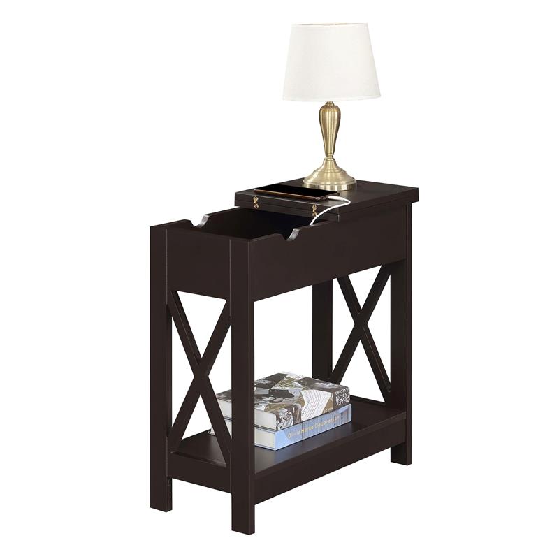 Pemberley Row Wood Espresso End Table Rectangular Charging Station Flip Top 23.25