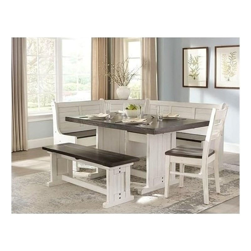 Pemberly Row Farmhouse 4 Piece Wood Breakfast Nook Set in White and Brown