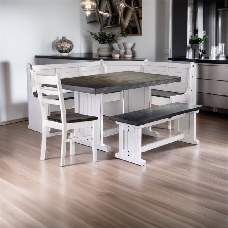 Pemberly Row Farmhouse 4 Piece Wood Breakfast Nook Set in White and Brown
