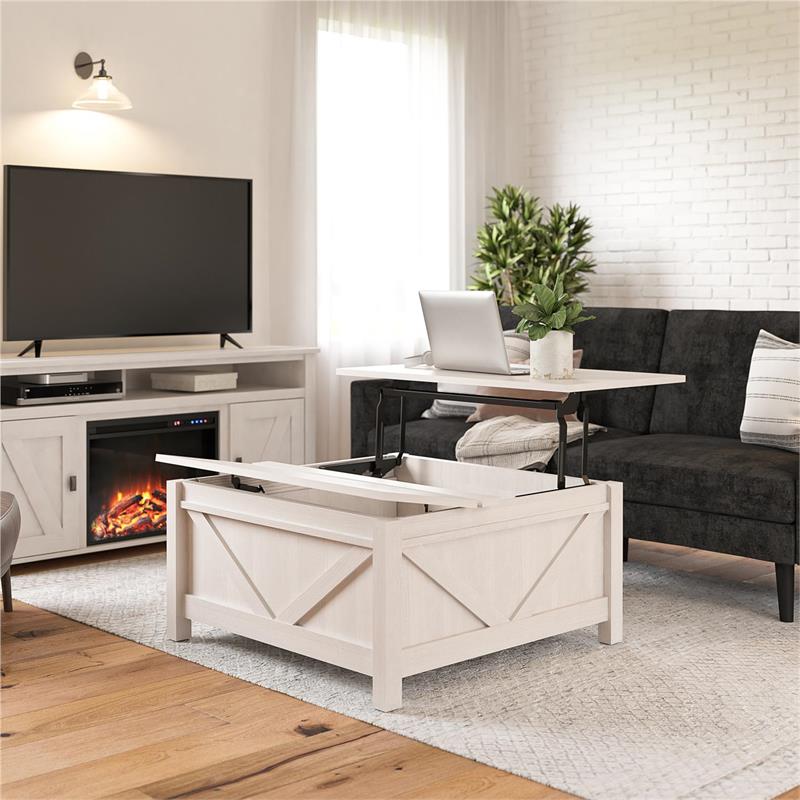 Pemberly Row Modern / Contemporary Lift-Top Coffee Table in Ivory Pine