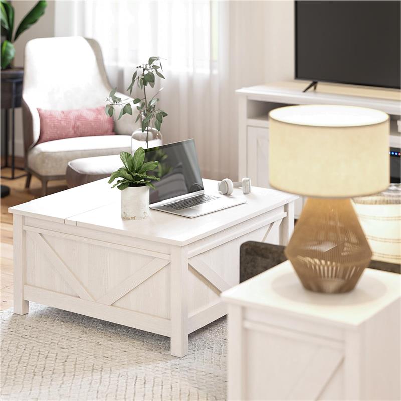 Pemberly Row Modern / Contemporary Lift-Top Coffee Table in Ivory Pine