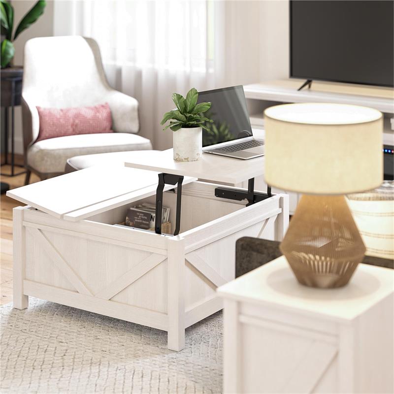 Pemberly Row Modern / Contemporary Lift-Top Coffee Table in Ivory Pine
