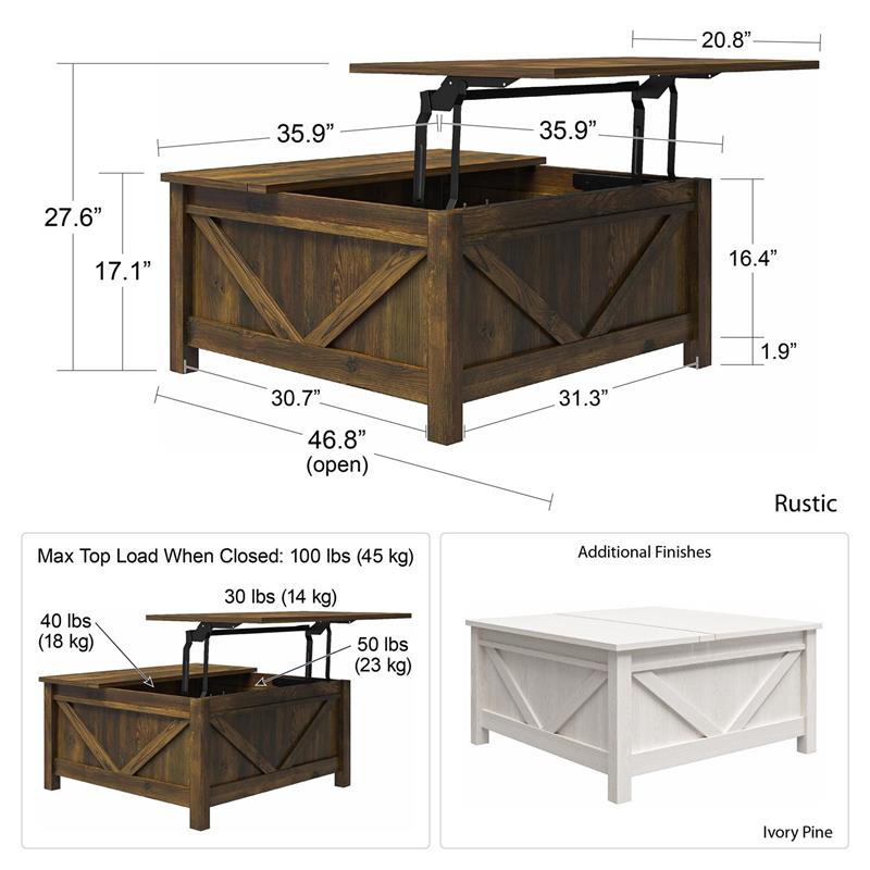 Pemberly Row Modern / Contemporary Lift-Top Coffee Table in Ivory Pine