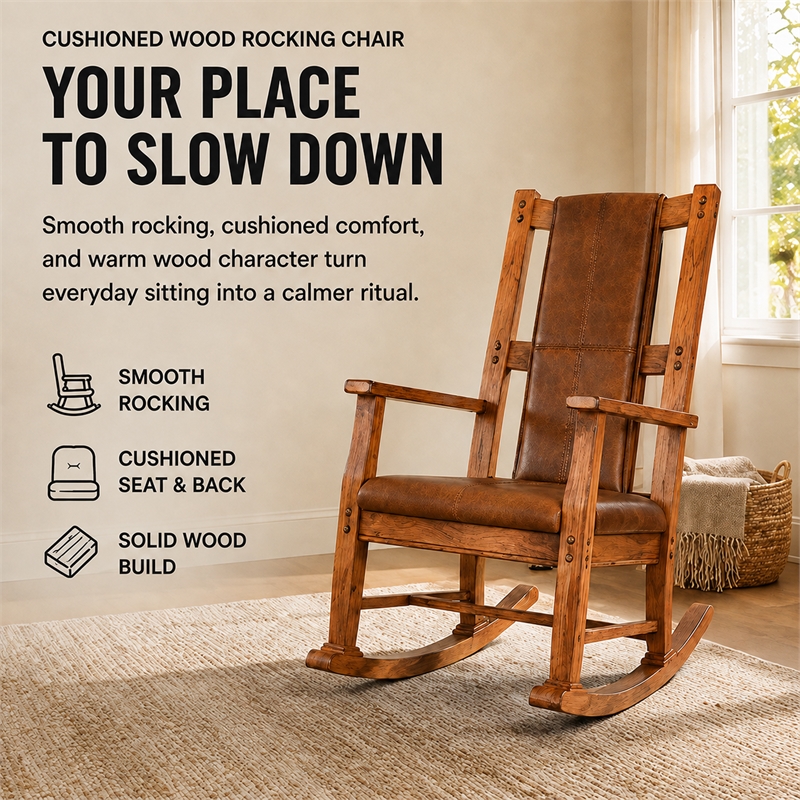 Pemberley Row Mindi Wood Rustic Oak Rocking Chair Rectangular Gentle Rocking Motion 41