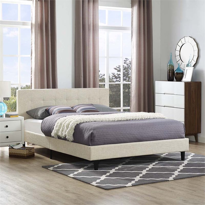 Pemberly Row Modern / Contemporary Tufted Full Platform Bed in Beige