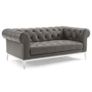 Pemberly Row Leather Upholstered Button Tufted Chesterfield Loveseat in Gray