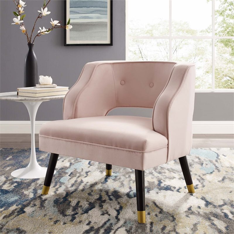 Pemberly Row Modern Velvet Button Tufted Open Back Armchair in Pink