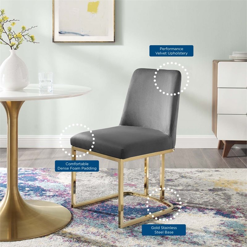 Pemberley Row Velvet Gray and Gold Dining Side Chair Sled Base Stain-Resistant 32