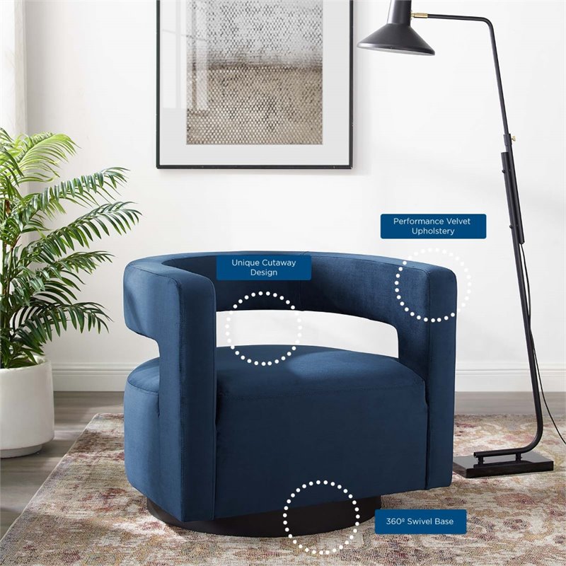 Pemberly Row Cutaway Velvet Swivel Armchair in Midnight Blue