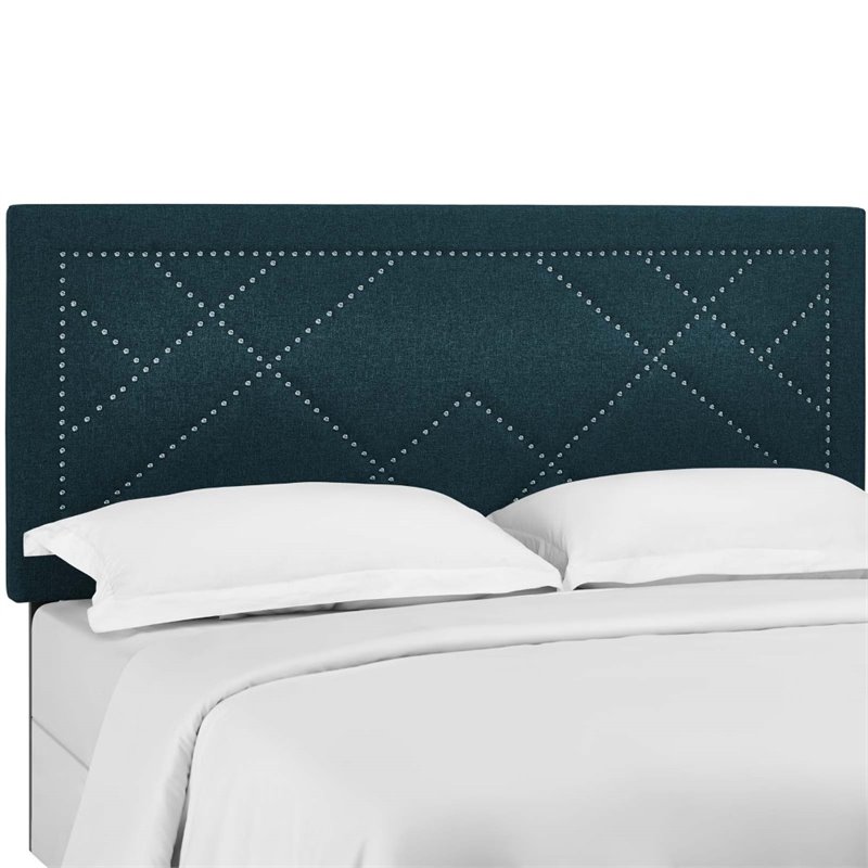 Pemberly Row Nailhead Upholstered Linen Full Queen Headboard in Azure