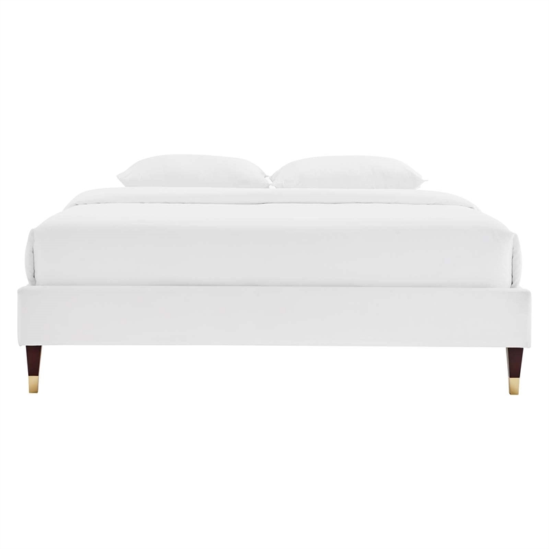 Pemberly Row Modern Performance Velvet Queen Platform Bed Frame in White