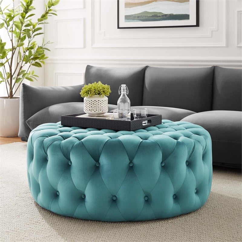 Pemberly Row Round Button Tufted Performance Velvet Ottoman in Sea Blue