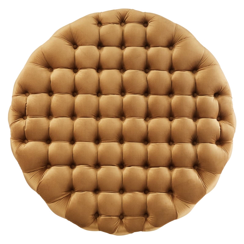 Pemberly Row Round Button Tufted Performance Velvet Ottoman in Cognac Brown