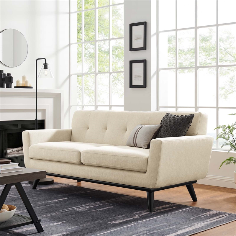 Pemberly Row Tufted Back Upholstered Fabric Loveseat in Beige