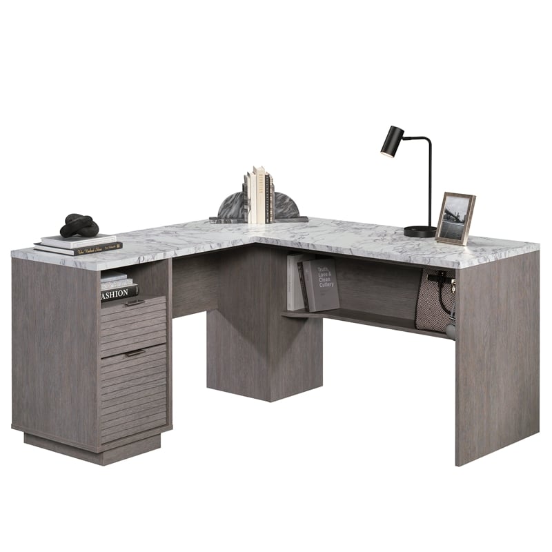 Pemberly Row Engineered Wood L-Shaped Desk in Ashen Oak Finish