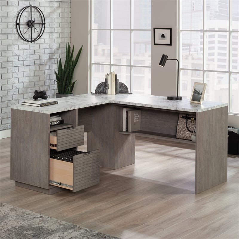 Pemberly Row Engineered Wood L-Shaped Desk in Ashen Oak Finish