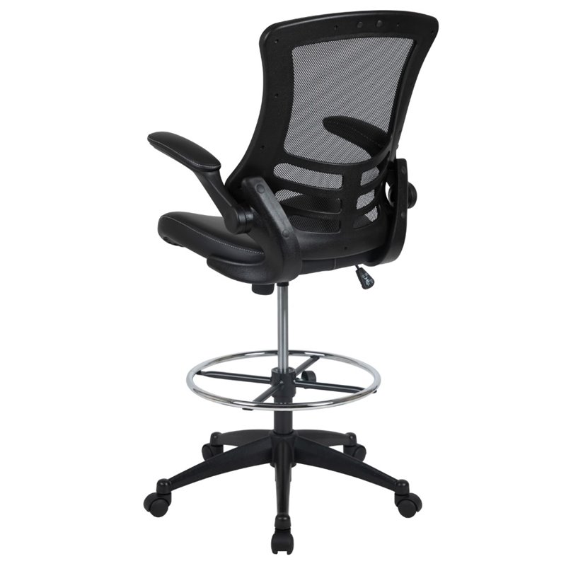Pemberly Row Modern Mid Back Mesh Leather Drafting Chair in Black