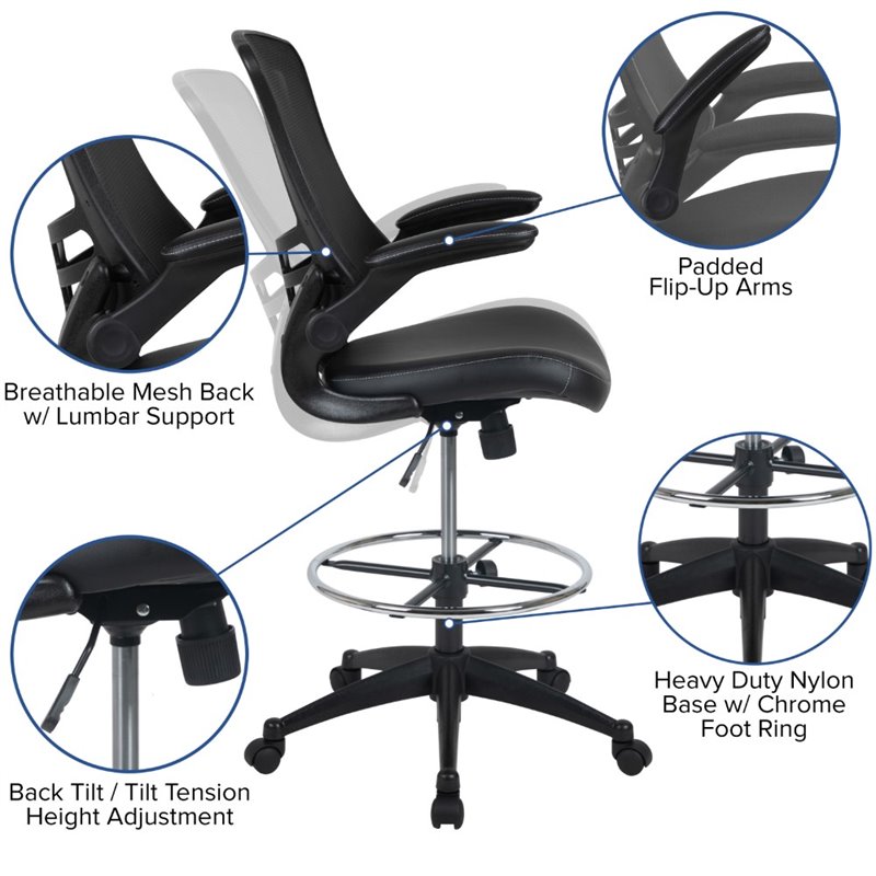 Pemberly Row Modern Mid Back Mesh Leather Drafting Chair in Black