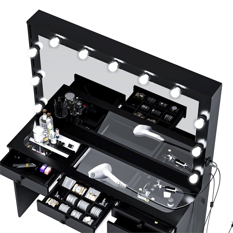 Pemberly Row 7-Drawer Modern Wood Built-In Lights Makeup Desk in Black