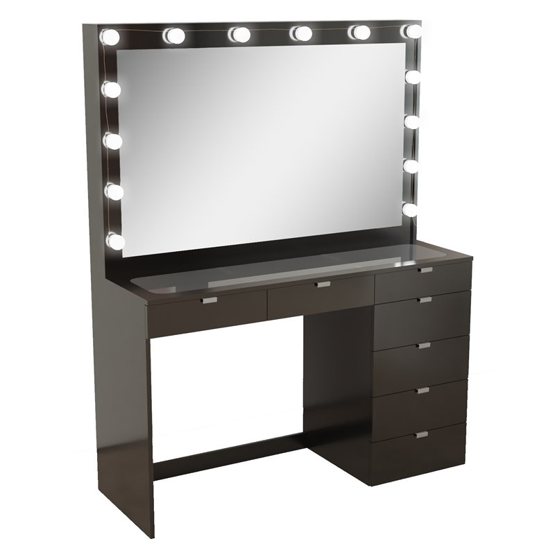 Pemberly Row 7-Drawer Modern Wood Built-In Lights Makeup Desk in Black