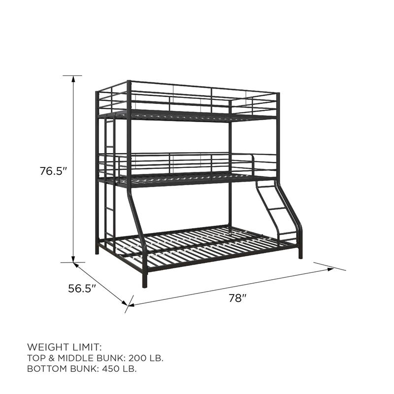 Pemberly Row Metal Triple Bunk Bed Bed for Kids Twin/Twin/Full in Black